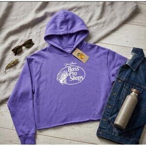 Bass Pro Shops Womens Purple Cropped Hoodie Johnny Morris Design Size M Cotton